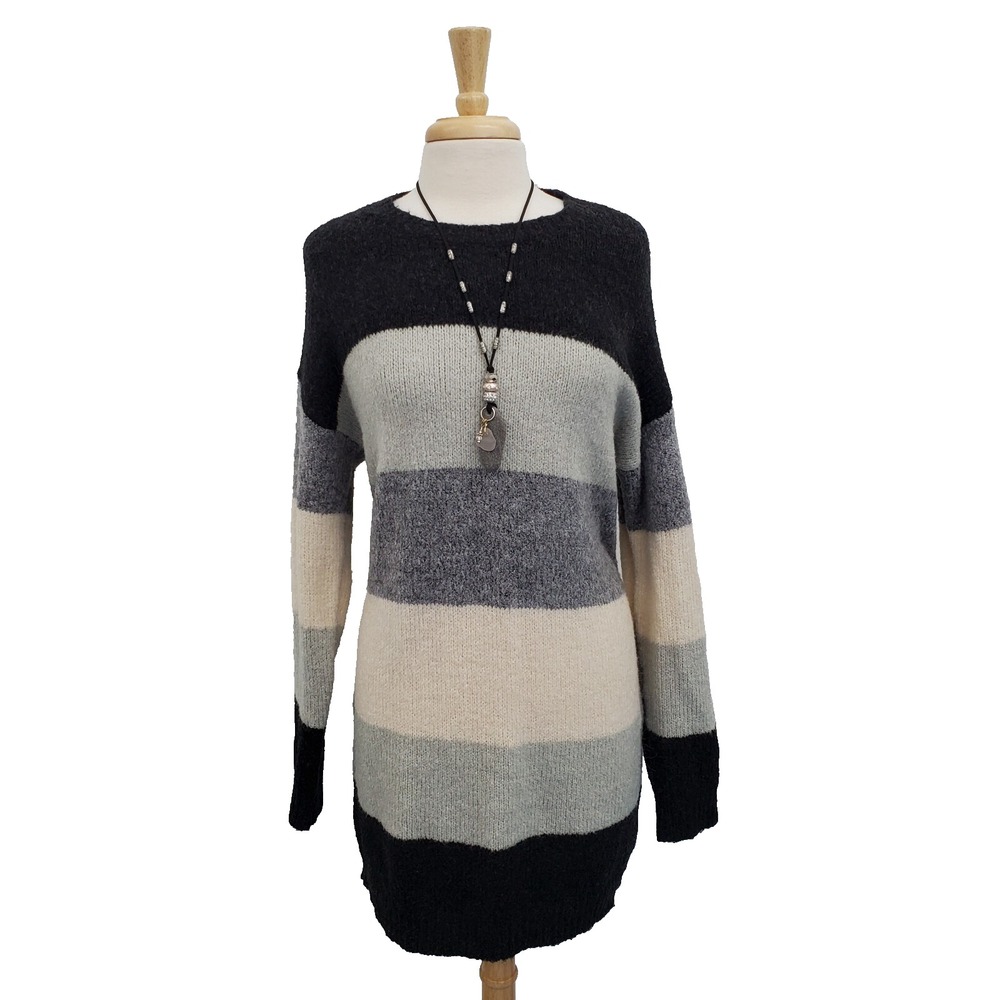 VICI Womens Large Striped Longline Sweater Gray Black Beige Soft Knit Pullover